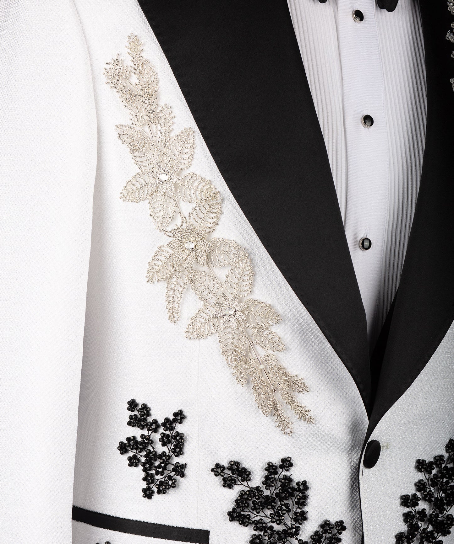 White tuxedo with crystal stone embroidery