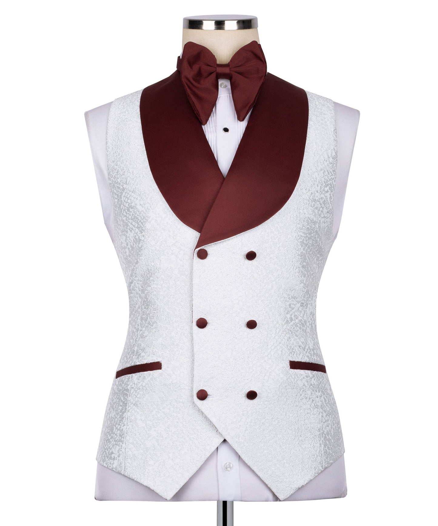 Burgundy collar white tuxedo