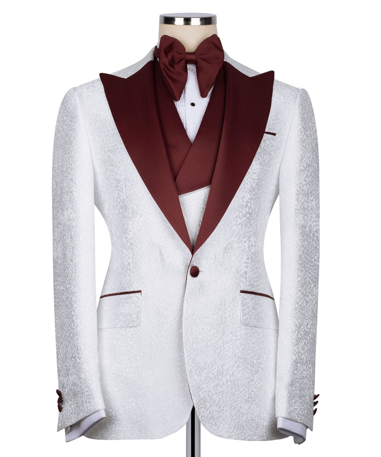 Burgundy collar white tuxedo