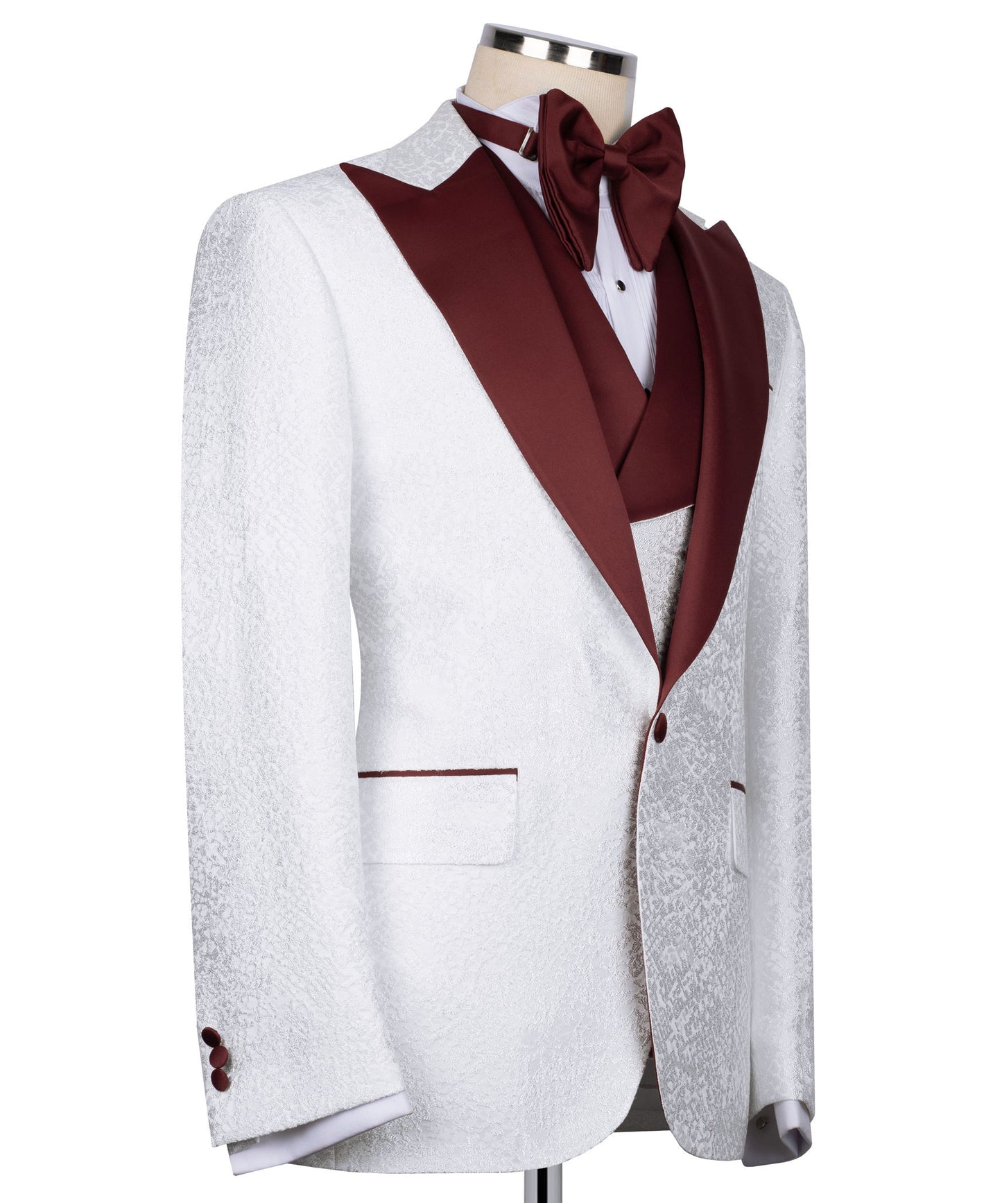 Burgundy collar white tuxedo