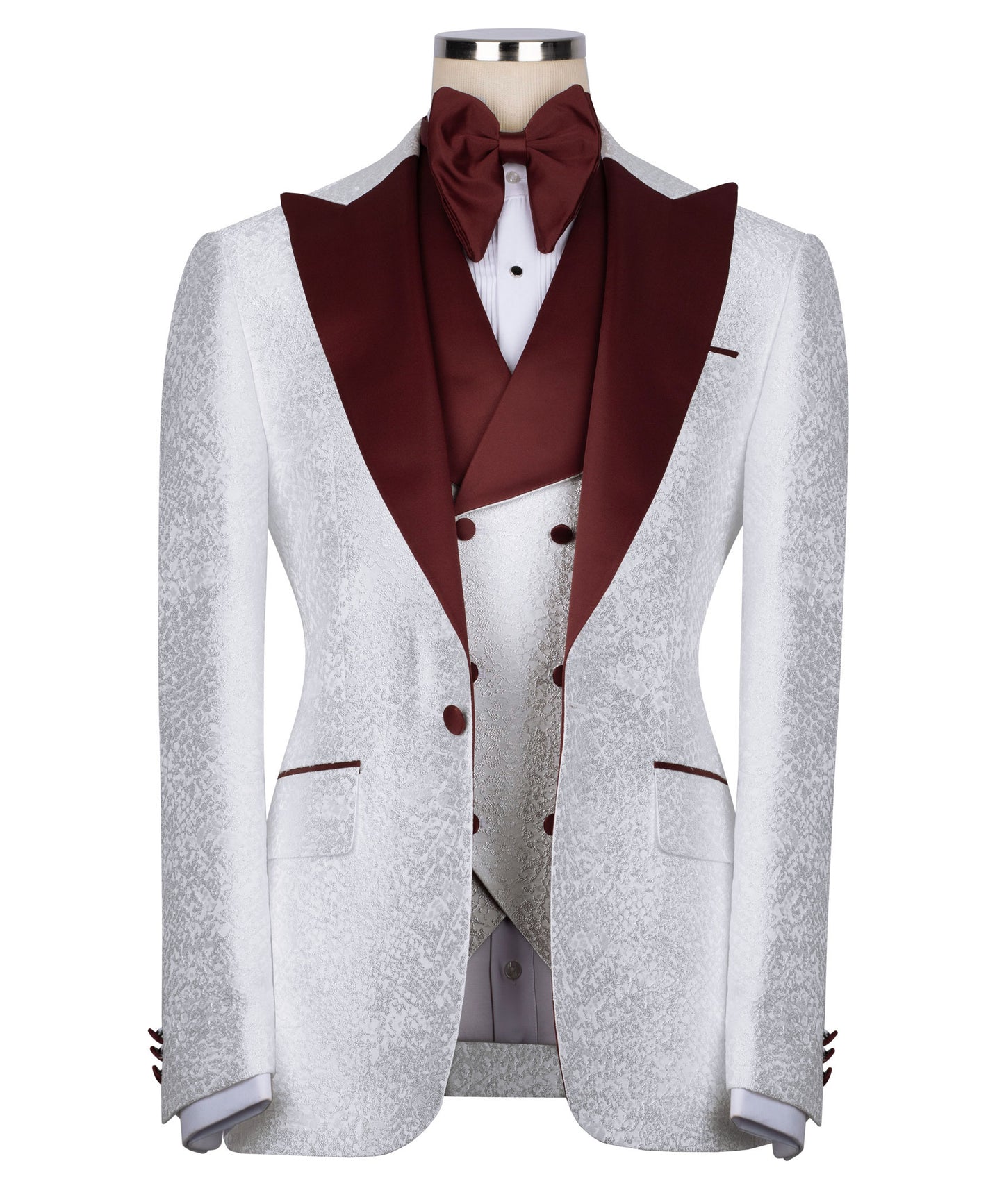 Burgundy collar white tuxedo