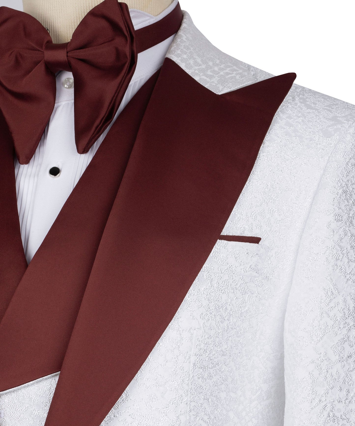 Burgundy collar white tuxedo