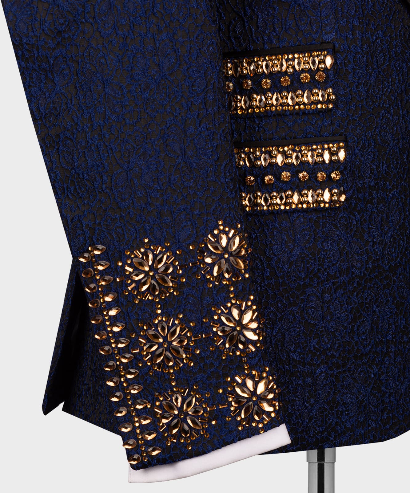 Dark blue tuxedo with gold stone embroidery