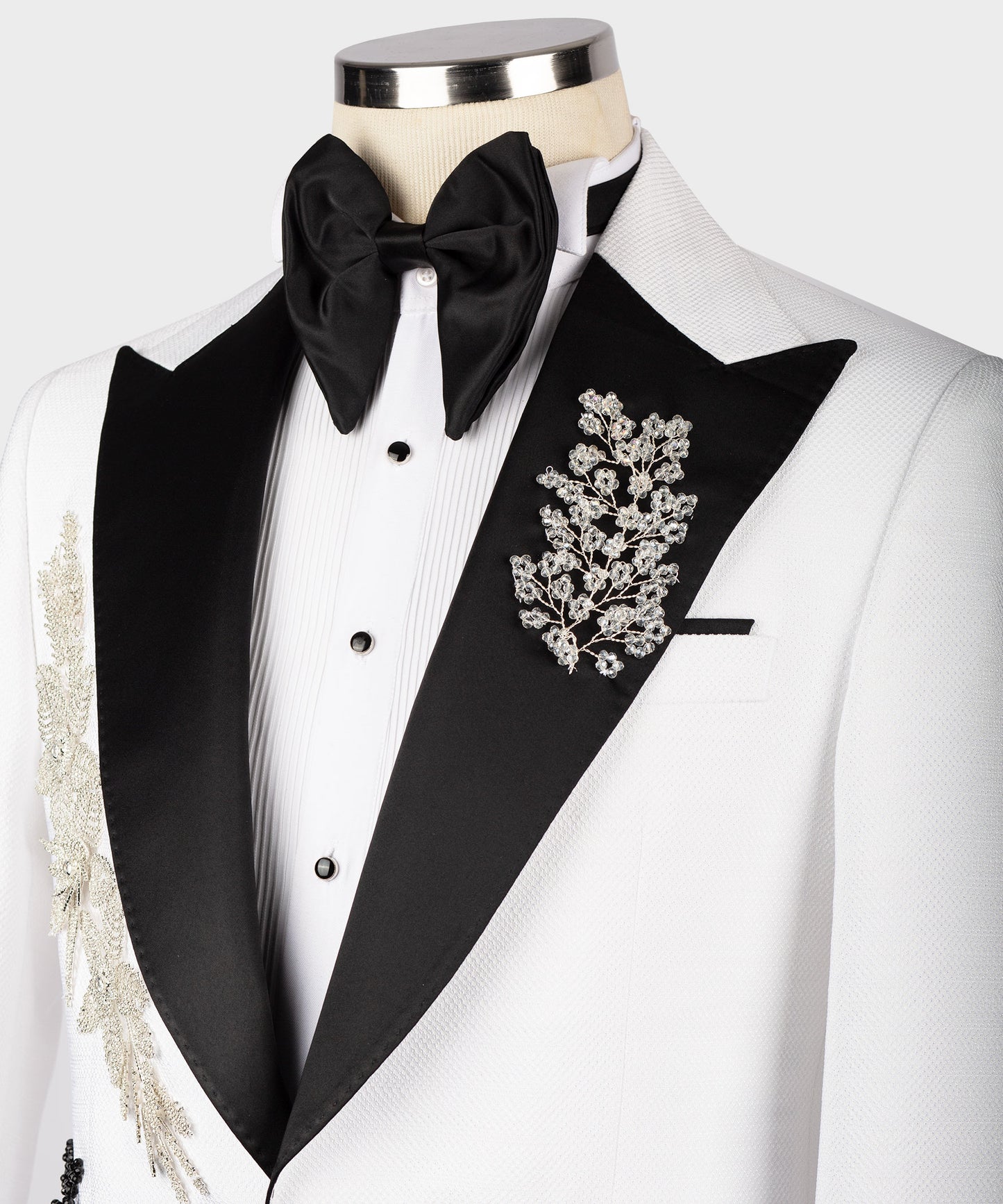 White tuxedo with crystal stone embroidery