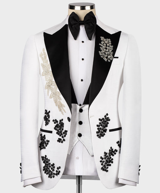 White tuxedo with crystal stone embroidery