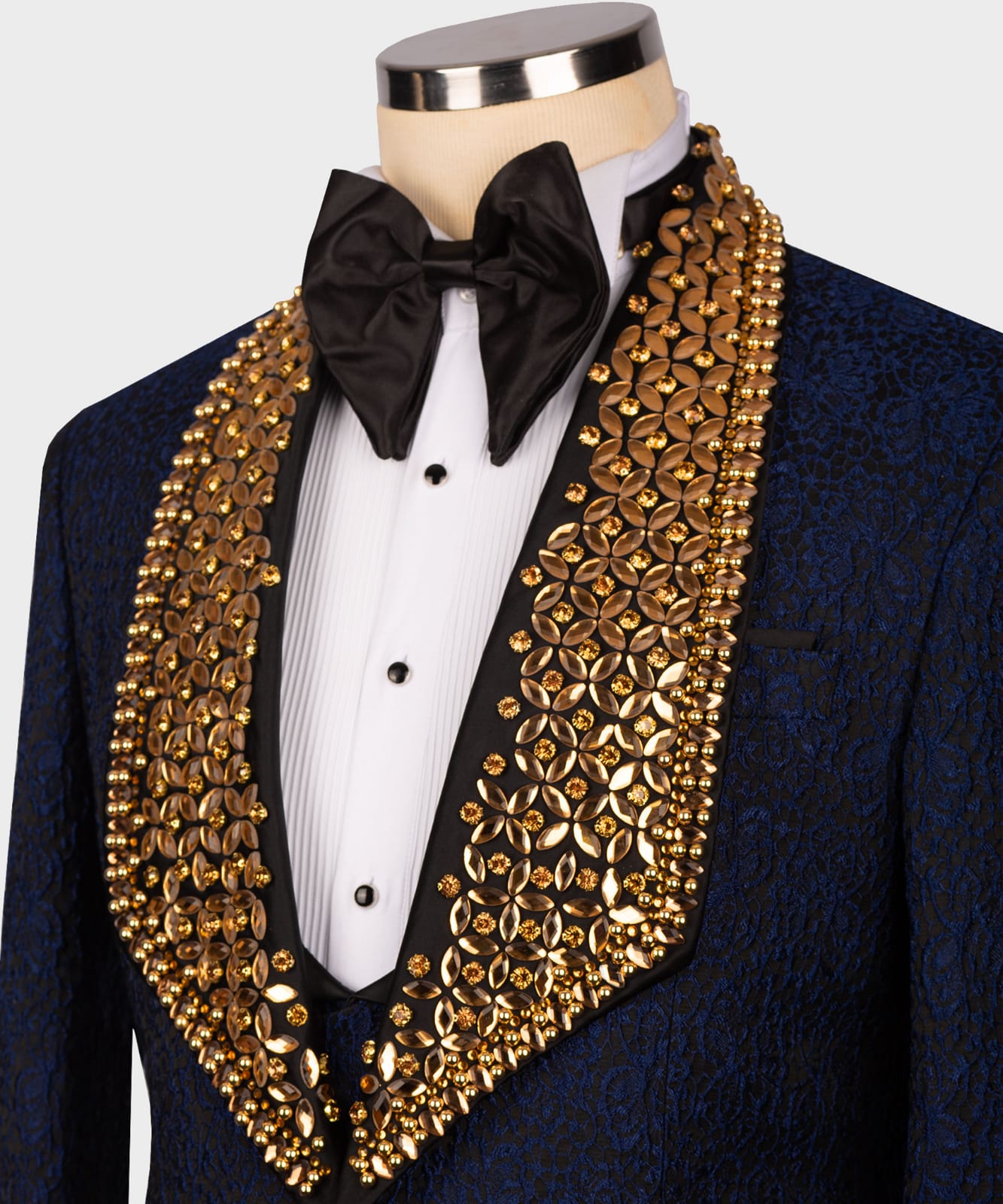 Dark blue tuxedo with gold stone embroidery