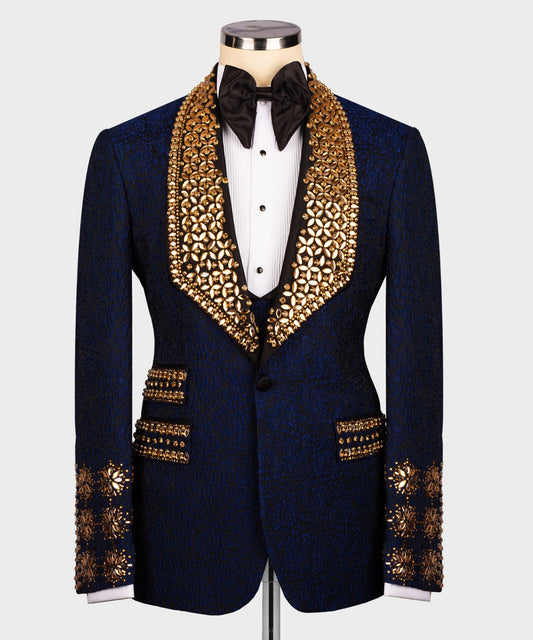 Dark blue tuxedo with gold stone embroidery