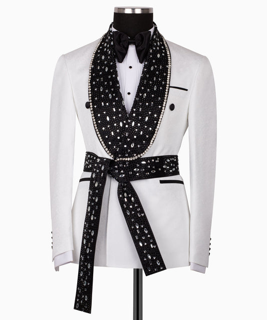 Rhinestone Embroidered Belt White Tuxedo