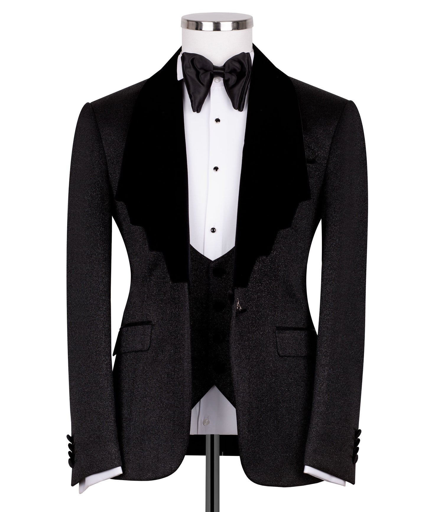 Velvet collar shiny black tuxedo