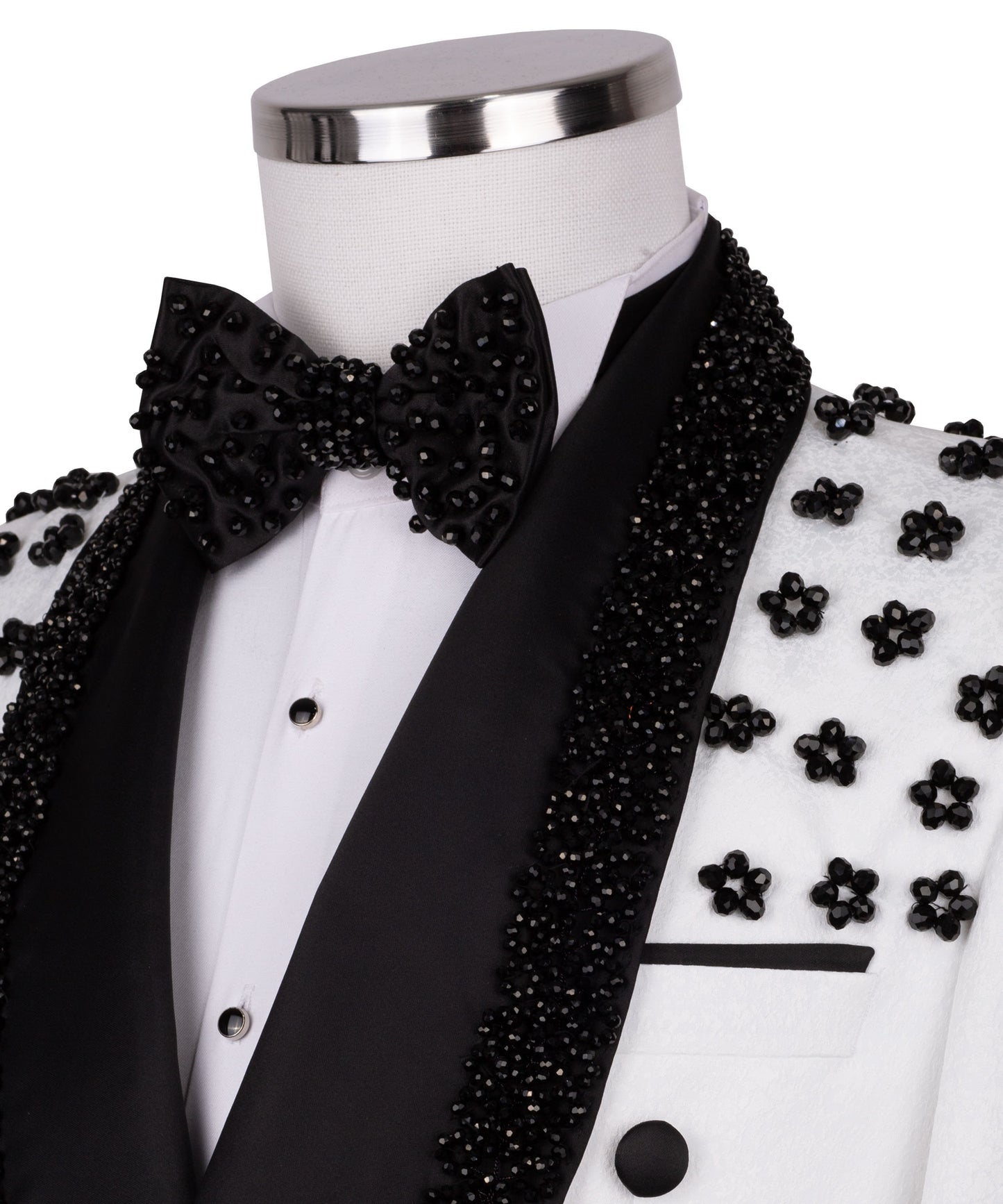 White  tuxedo with black embroidery