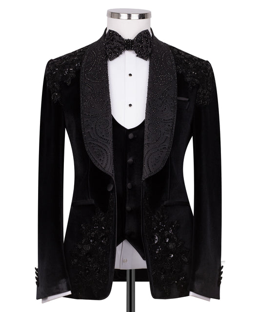 Velvet black  tuxedo with black embroidery