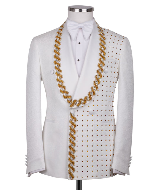 White tuxedo with gold stone embroidery