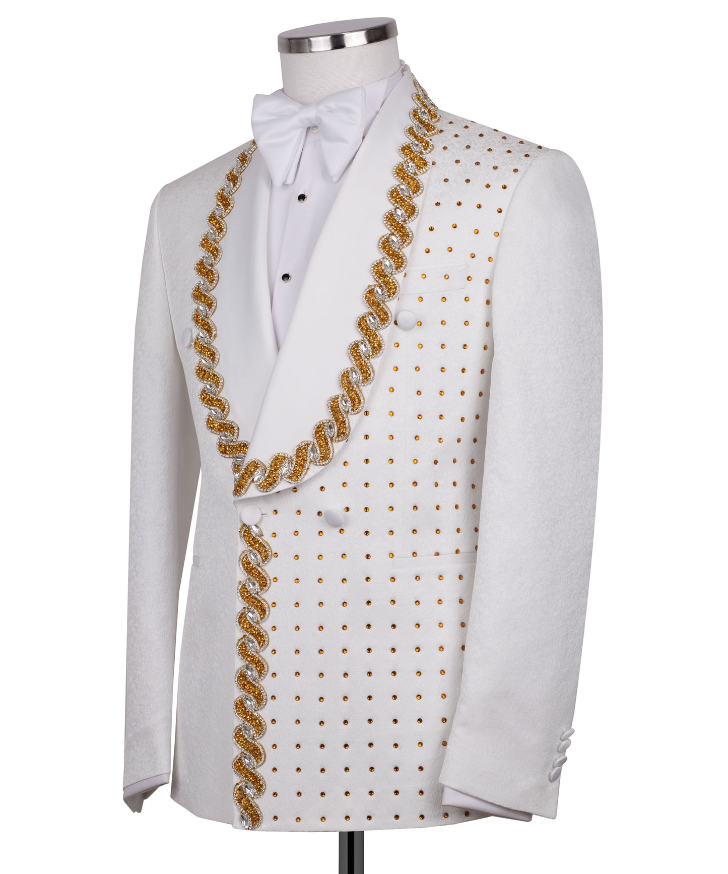 White tuxedo with gold stone embroidery