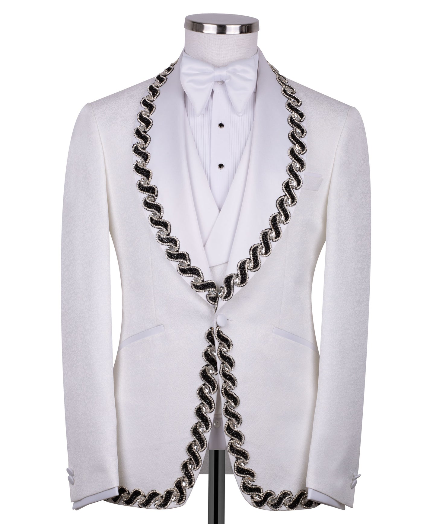 Black stone embroidered white tuxedo