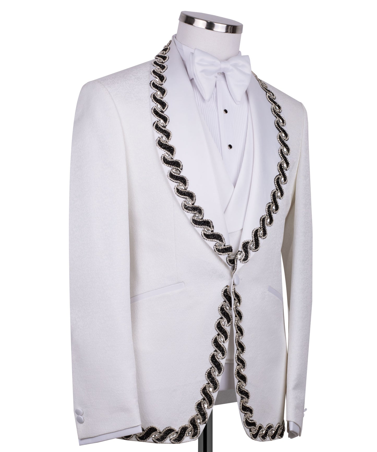 Black stone embroidered white tuxedo