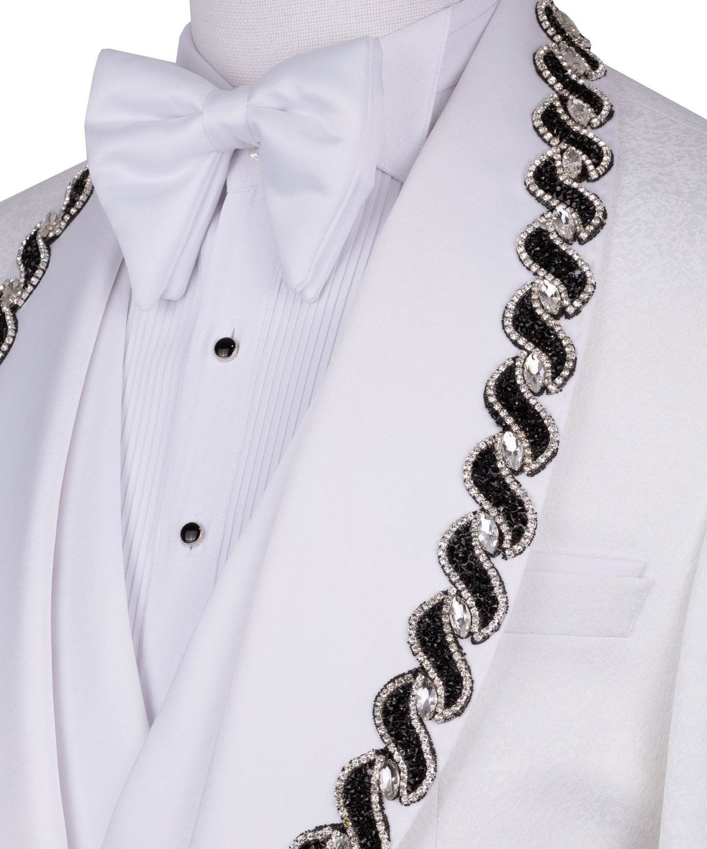 Black stone embroidered white tuxedo