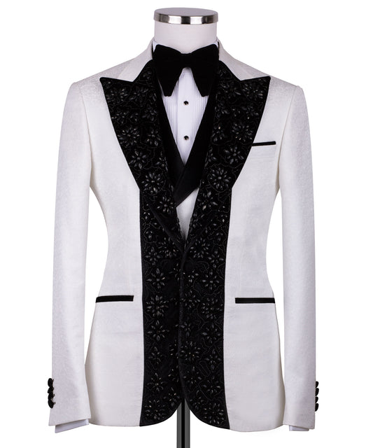 Velvet collar black stone embroidered white tuxedo