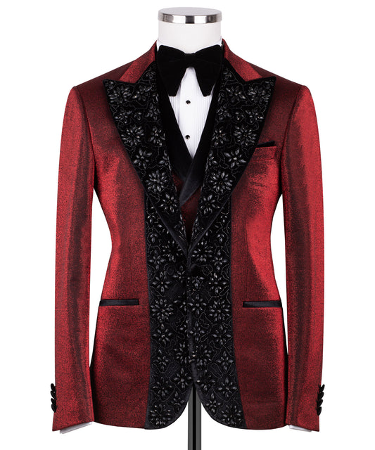 Velvet collar black stone embroidered red tuxedo