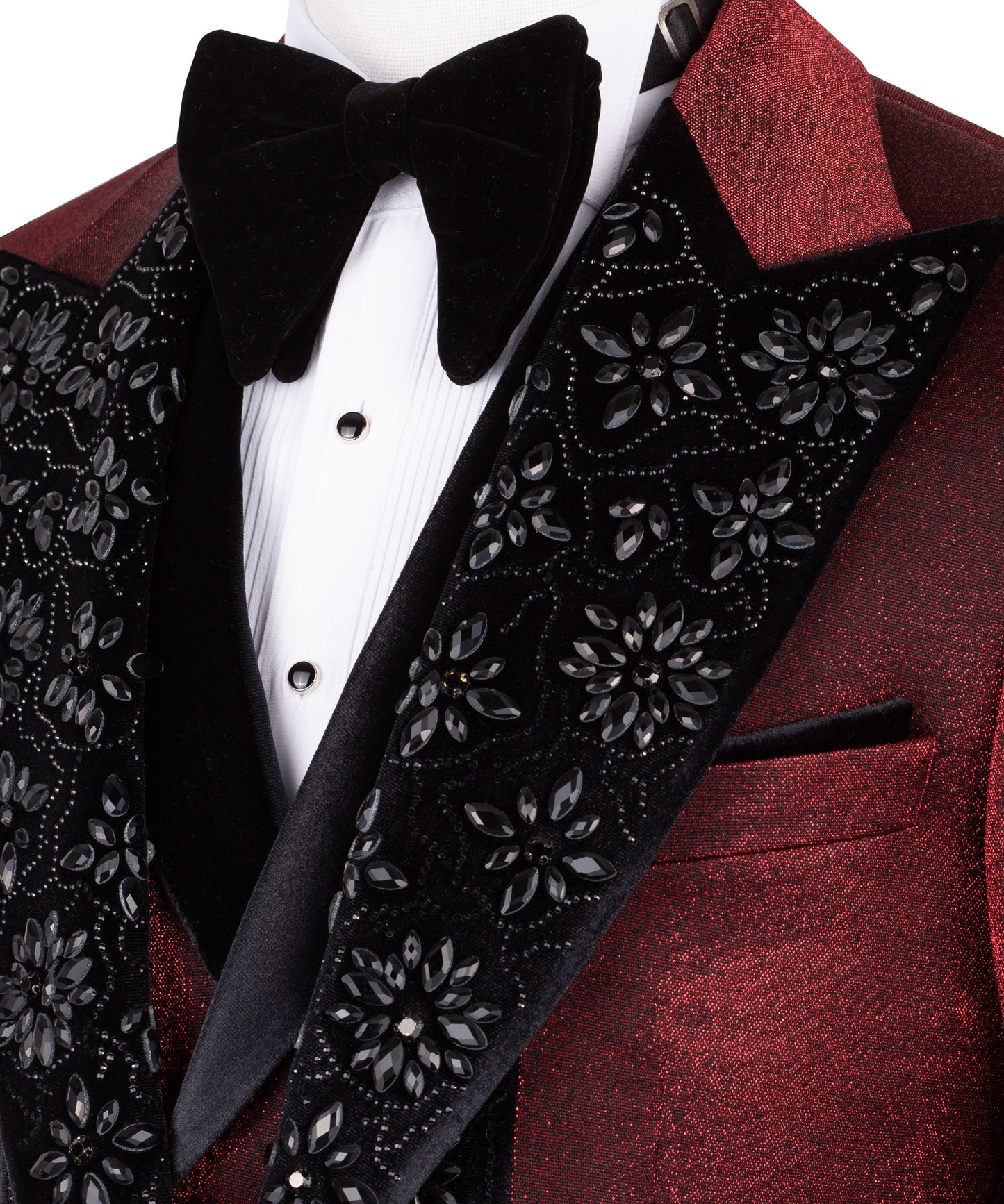 Velvet collar black stone embroidered red tuxedo