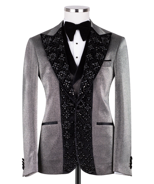 Velvet collar black stone embroidered gray tuxedo