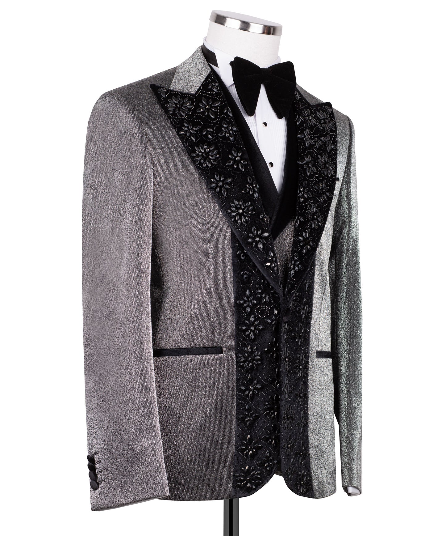 Velvet collar black stone embroidered gray tuxedo