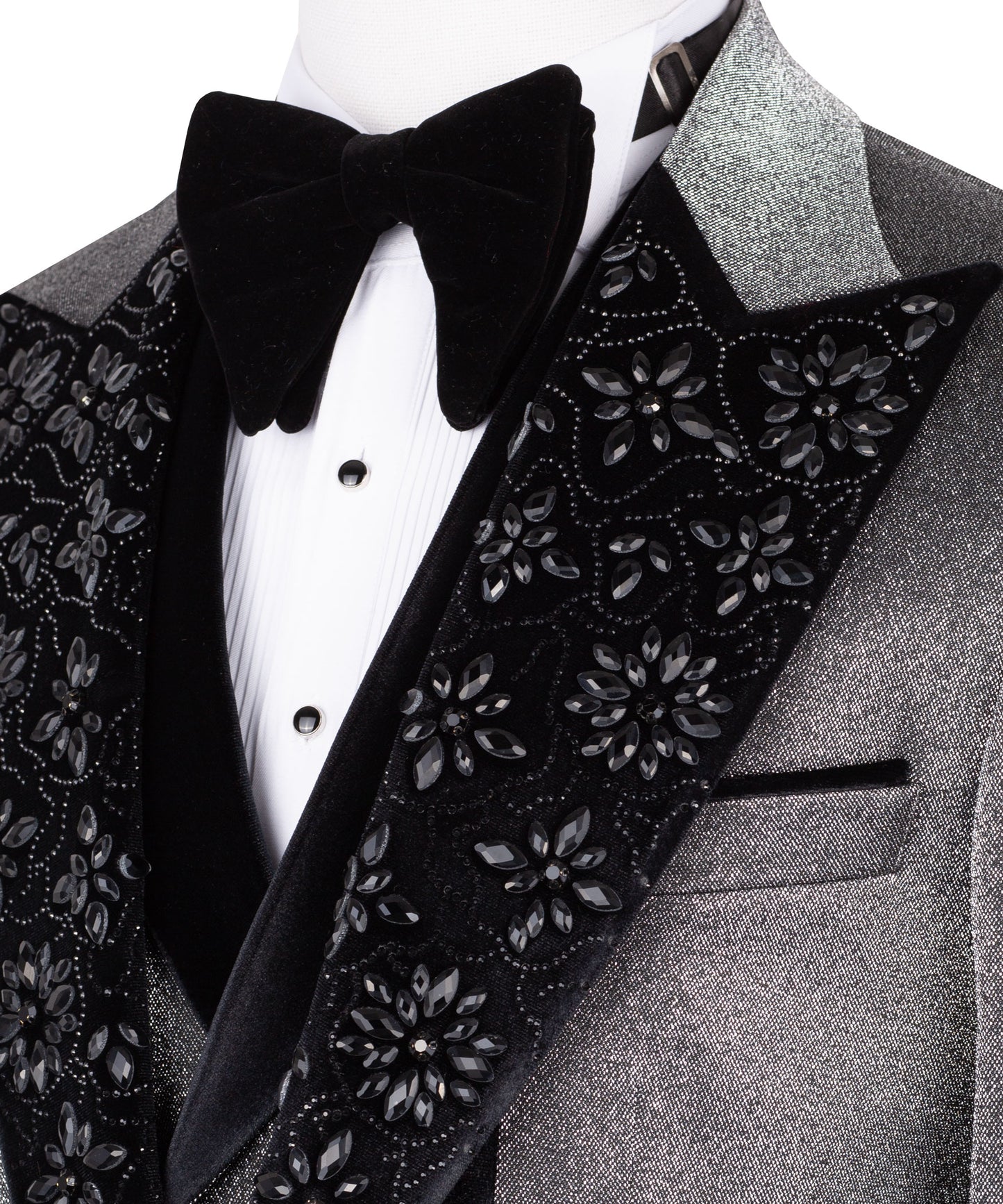 Velvet collar black stone embroidered gray tuxedo