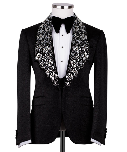 Velvet collar silver stone embroidered black tuxedo