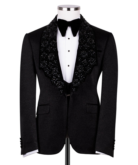 Velvet collar black stone embroidered black tuxedo