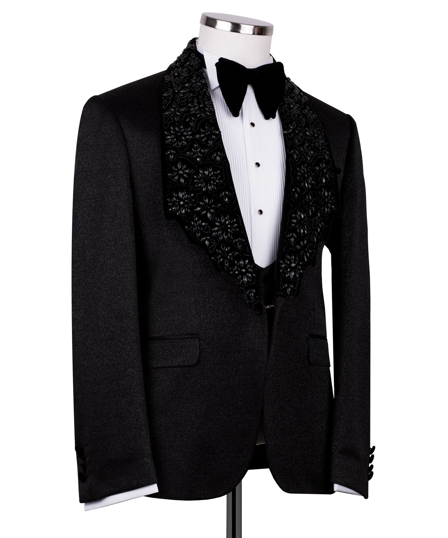 Velvet collar black stone embroidered black tuxedo