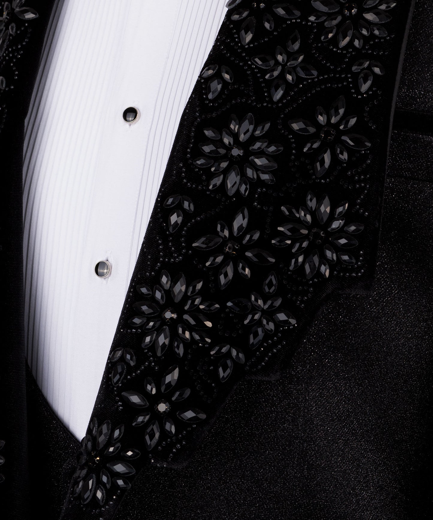 Velvet collar black stone embroidered black tuxedo