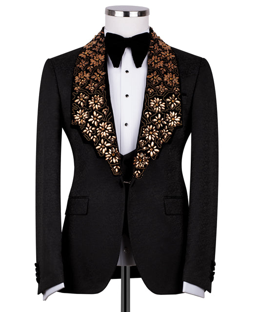 Velvet collar gold stone embroidered tuxedo