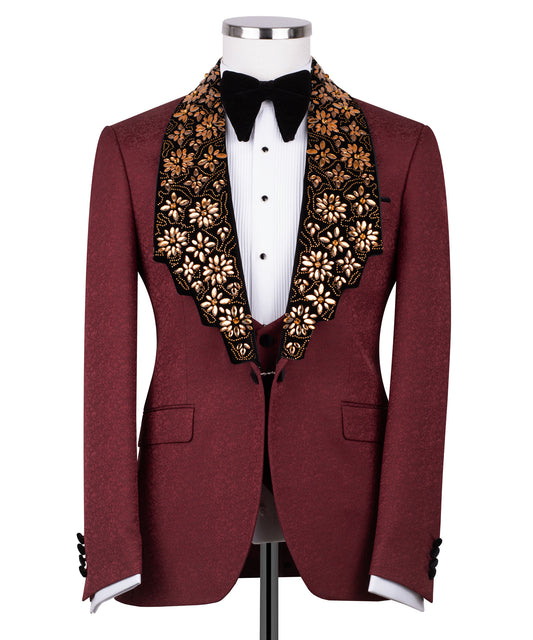 Velvet collar gold stone embroidered red tuxedo