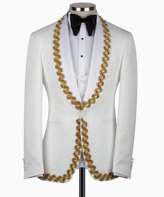 Gold Rhinestone Embroidered White Tuxedo