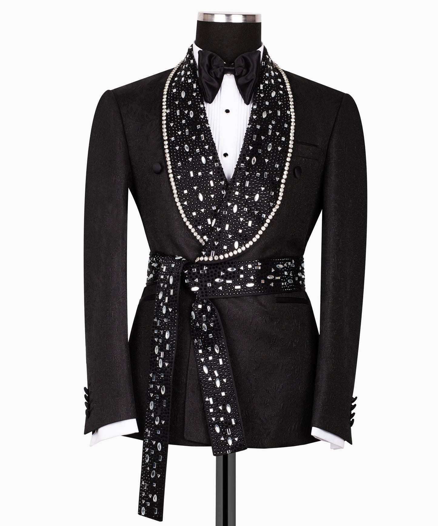 Rhinestone Embroidered Belt Black Tuxedo