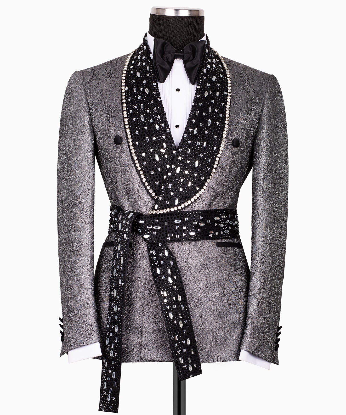 Rhinestone Embroidered Belt Gray Tuxedo