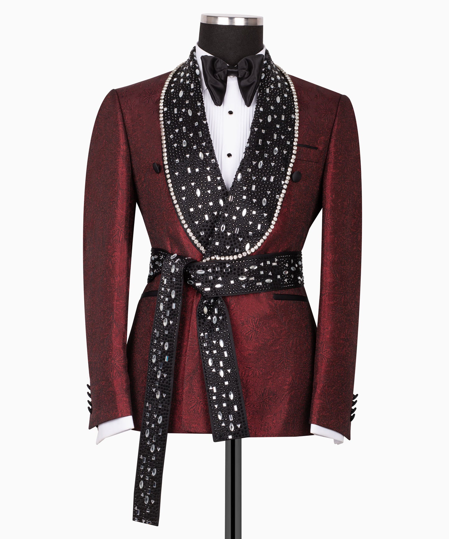 Rhinestone Embroidered Belt Burgundy Tuxedo