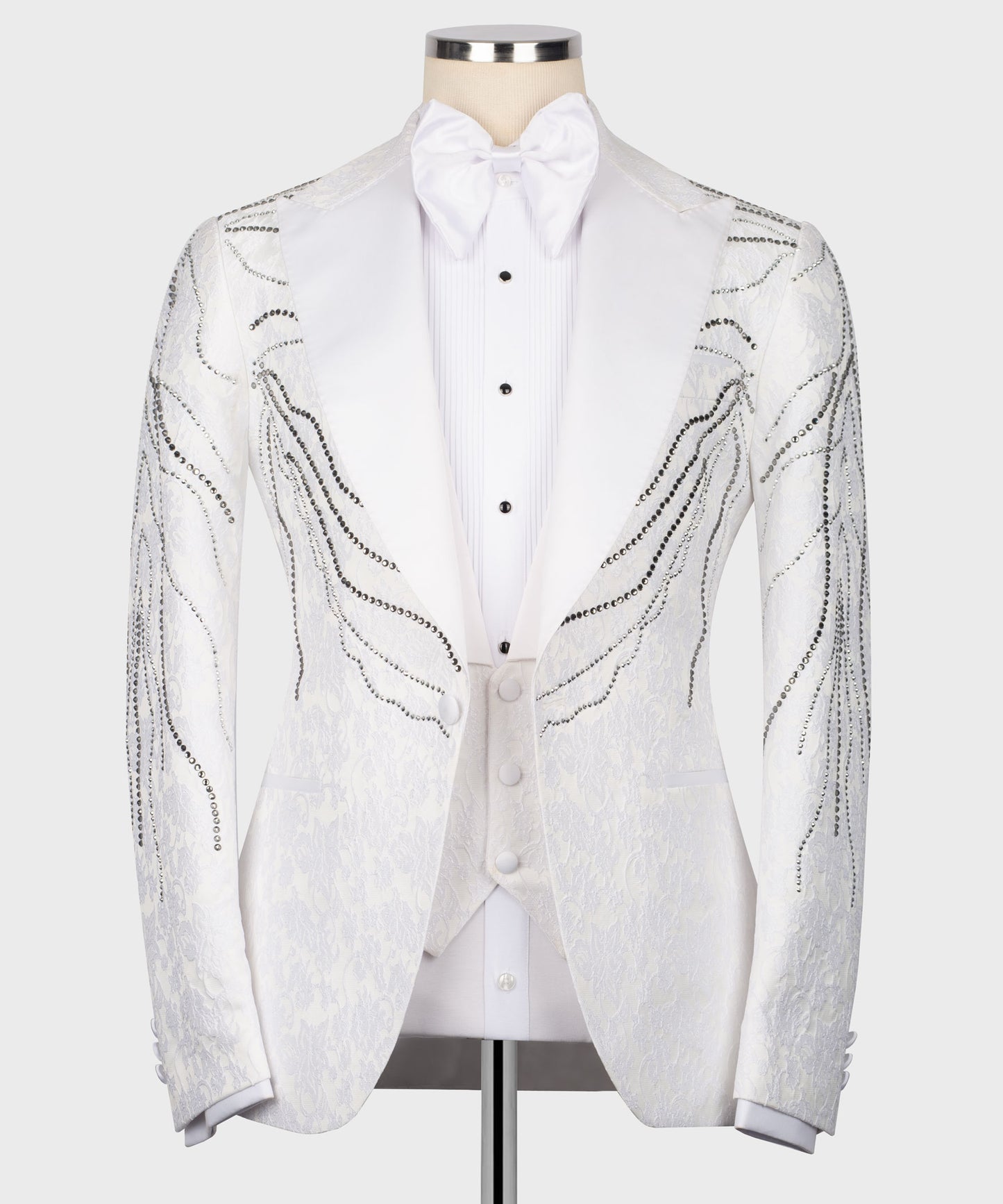 Embroidered Tuxedo on Patterned Fabric