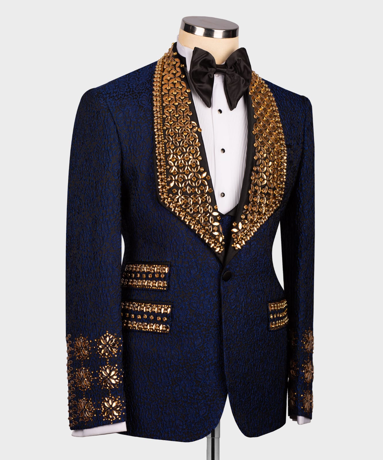 Dark blue tuxedo with gold stone embroidery